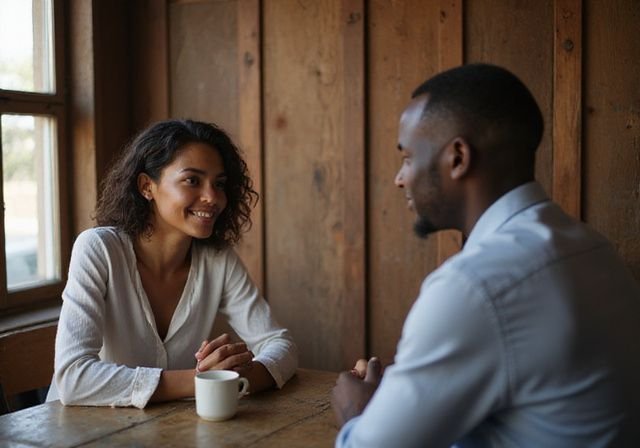 Een vrouw en man delen een intiem gesprek in een café. Een vrouw en man delen een intiem gesprek in een café