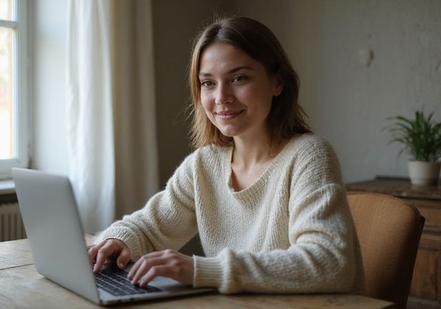 Een vrouw in een comfortabele trui kijkt naar haar laptop. Een vrouw in een comfortabele trui kijkt naar haar laptop