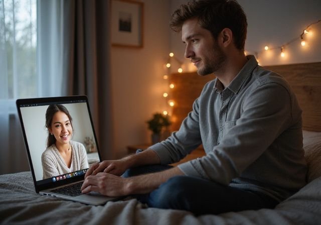 Een man zit op bed, in gesprek met een vrouw op zijn laptop. sexchatten