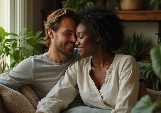 Een man en vrouw delen een intiem moment in een gezellige kamer. Een man en vrouw delen een intiem moment in een gezellige kamer