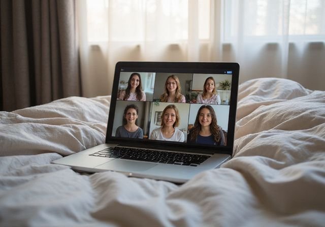 Een laptop op een deken, met videochatvensters van vrouwen. Live chatgirls webcamsex met hete vrouwen