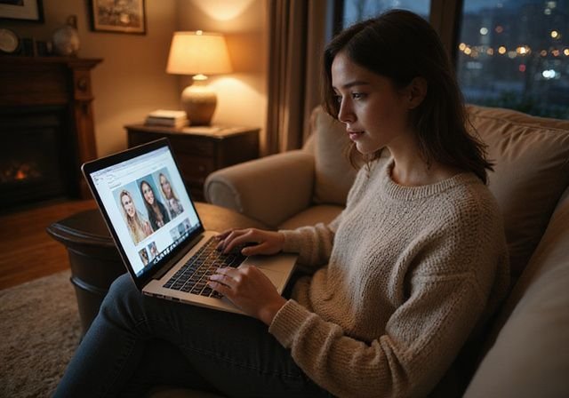 Een vrouw in de late twintig zit ontspannen op een bank. Een vrouw in de late twintig zit ontspannen op een bank