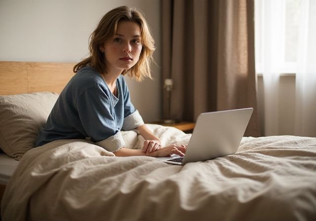 Een rustige slaapkamer met een bed en een open laptop. Een rustige slaapkamer met een bed en een open laptop
