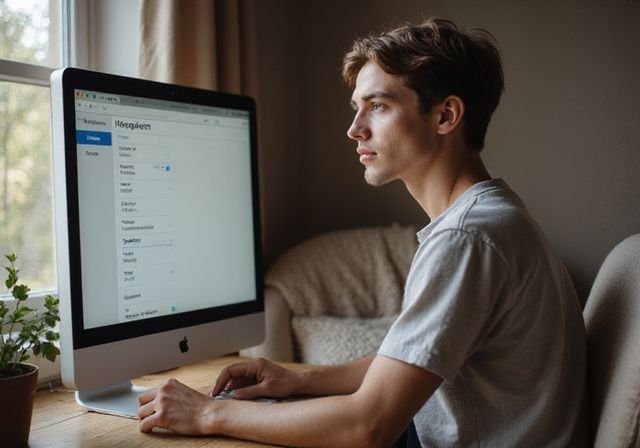 Een persoon werkt geconcentreerd aan een computer in een gezellige kamer. Een persoon werkt geconcentreerd aan een computer in een gezellige kamer