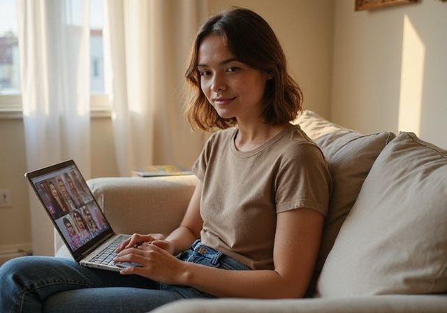 Een jonge vrouw lacht ontspannen op een bank met een laptop. Live chatgirls webcamsex