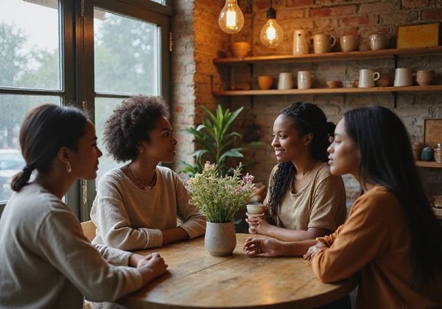 Een groep vrouwen zit samen in een intieme café. Een groep vrouwen zit samen in een intieme café