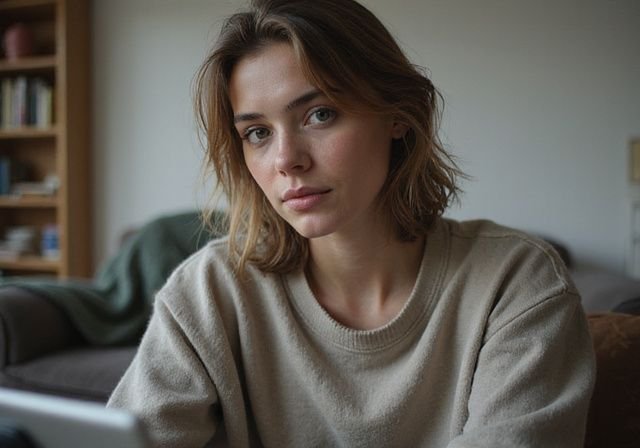 Een jonge vrouw zit geconcentreerd voor een webcam in een woonkamer. Een jonge vrouw zit geconcentreerd voor een webcam in een woonkamer