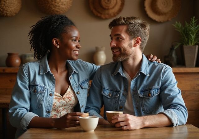 Twee mensen in gesprek in een sfeervol café met culturele artefacten. Twee mensen in gesprek in een sfeervol café met culturele artefacten