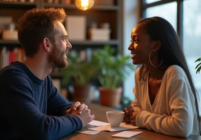 Een man en vrouw delen een intiem moment in een café. Een man en vrouw delen een intiem moment in een café