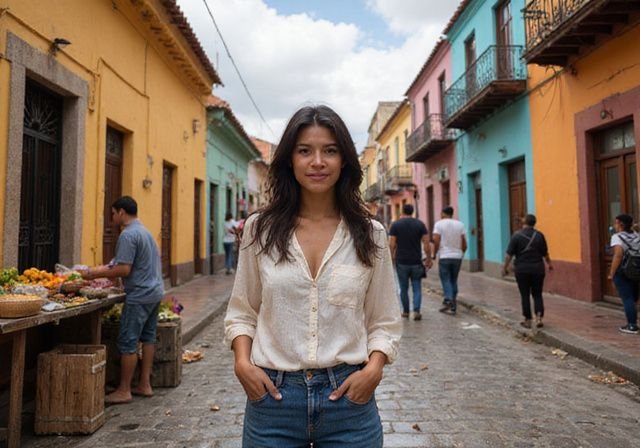 Een vrouw in casual kleding staat op een levendige straat. Een vrouw in casual kleding staat op een levendige straat