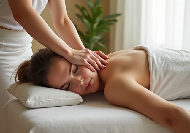Een vrouw geniet van een ontspannende massage op een tafel. Een vrouw geniet van een ontspannende massage op een tafel