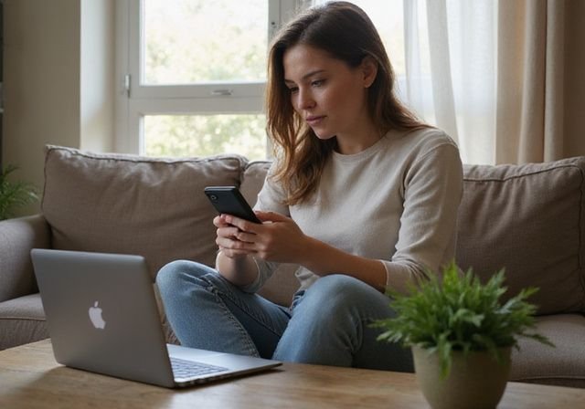 Een jonge vrouw scrollt geconcentreerd op haar smartphone op een bank. Een jonge vrouw scrollt geconcentreerd op haar smartphone op een bank