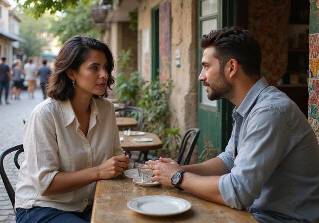 Twee mensen hebben een intiem gesprek op een terras. Twee mensen hebben een intiem gesprek op een terras