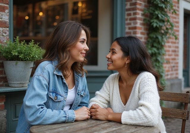 Twee vrouwen genieten van elkaars gezelschap aan een houten tafel. Twee vrouwen genieten van elkaars gezelschap aan een houten tafel