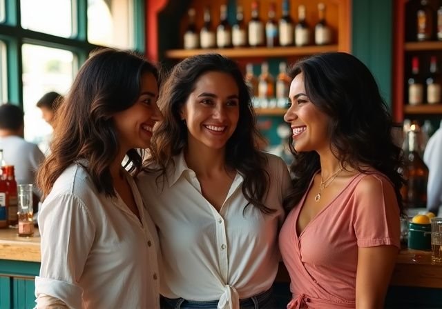 Een groep lachende vrouwen in een levendige bar met casual kleding. Een groep lachende vrouwen willen Latina sexcontact