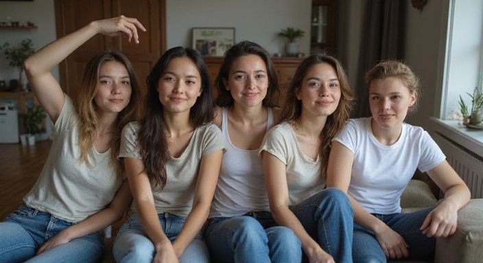 Groep amateur modellen poseert ontspannen in een gezellige woonkamer. Groep amateur modellen poseert ontspannen in een gezellige woonkamer