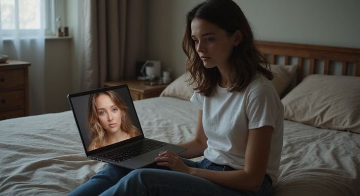 Een jonge vrouw zit op bed met een laptop op schoot. Een jonge vrouw zit op bed met een laptop op schoot