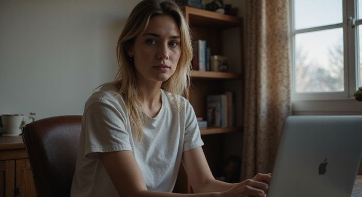 Een vrouw in een casual outfit zit ontspannen aan een bureau. Een vrouw in een casual outfit zit ontspannen aan een bureau