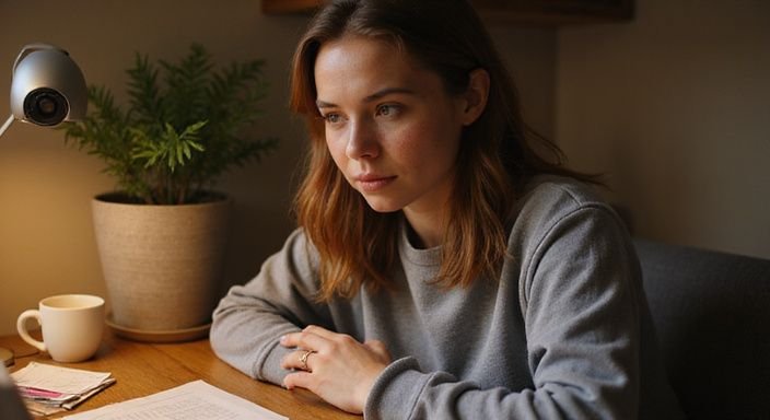 Een vrouw in een grijze sweatshirt zit geconcentreerd achter een bureau. Een vrouw in een grijze sweatshirt zit geconcentreerd achter een bureau