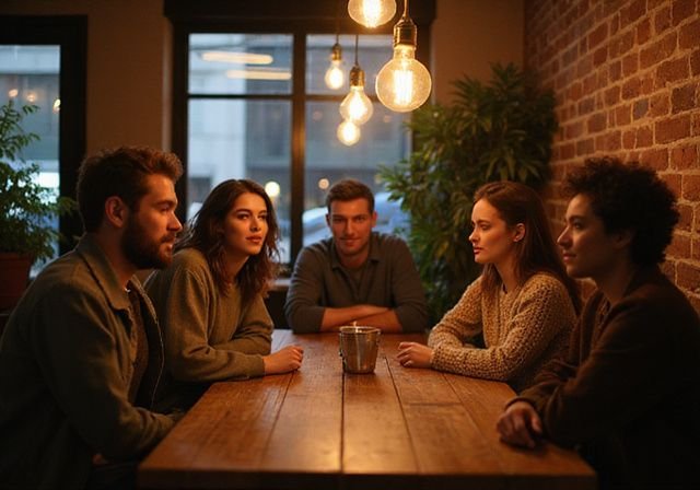 Een groep jonge volwassenen geniet van een intieme conversatie in een café. Een groep jonge volwassenen geniet van een intieme conversatie in een café