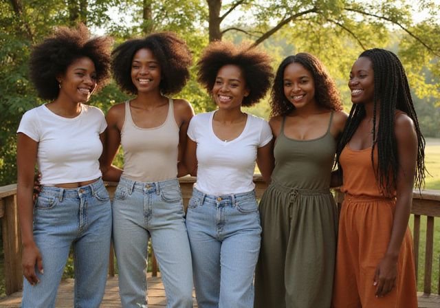 Een diverse groep vrouwen geniet van samen zijn op een houten terras. Een diverse groep vrouwen geniet van samen zijn op een houten terras