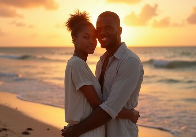 Een stel omarmt elkaar op een verlaten strand bij zonsondergang. Een stel omarmt elkaar op een verlaten strand bij zonsondergang en willen Surinaamse vrouwen sexcontact