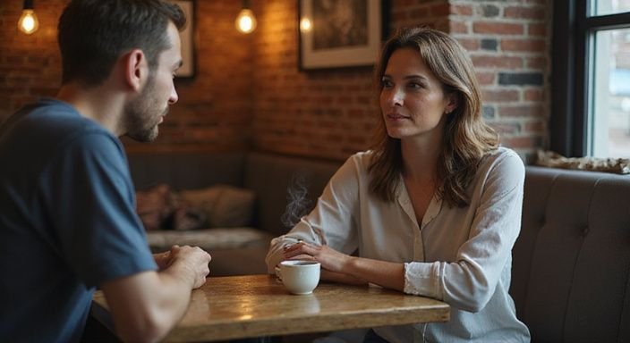 Een vrouw en man delen een intiem moment in een café. Een vrouw en man delen een intiem moment in een café