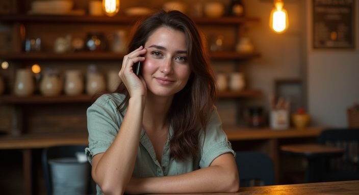Een vrouw met bruin haar geniet van een telefoongesprek in een café. Een vrouw met bruin haar geniet van een telefoongesprek in een café
