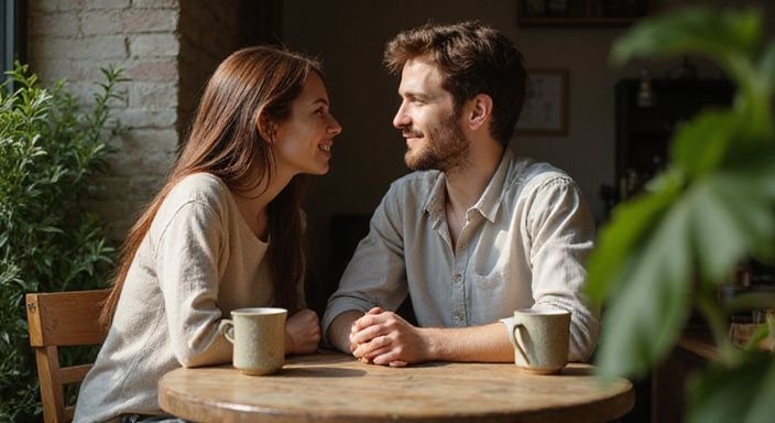 Een man en vrouw delen een intiem gesprek in een café. Een man en vrouw delen een intiem gesprek in een café