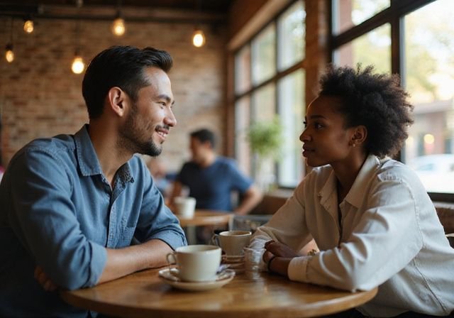 Twee vrienden genieten van een gesprek in een gezellige café. Twee vrienden genieten van een gesprek in een gezellige café