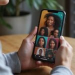 Een smartphone toont profielen op een datingapp in een gezellige setting