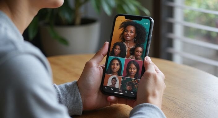 Een smartphone toont profielen op een datingapp in een gezellige setting. Een smartphone toont profielen op een datingapp in een gezellige setting