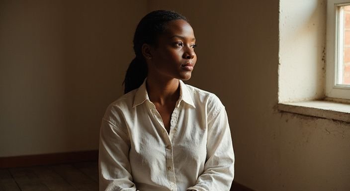 Een vrouw zit ontspannen in een rustige, huiselijke omgeving. Een vrouw zit ontspannen in een rustige, huiselijke omgeving