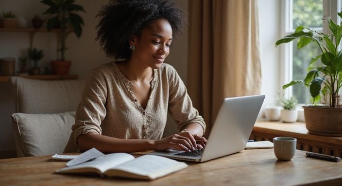 Een jonge vrouw typt geconcentreerd op haar laptop aan een bureau. Een jonge vrouw typt geconcentreerd op haar laptop aan een bureau