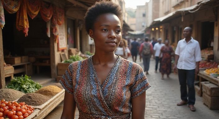 Een vrouw in traditionele kleding staat omringd door een drukke markt. Een vrouw in traditionele kleding staat omringd door een drukke markt