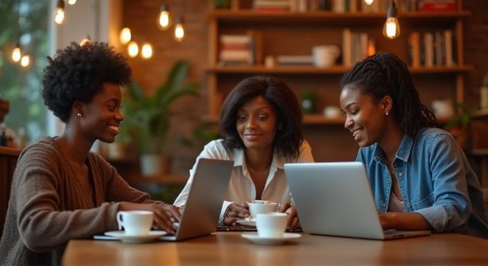 Een groep vrouwen zoekt samen naar datingmogelijkheden in een café. Een groep vrouwen zoekt samen naar datingmogelijkheden in een café