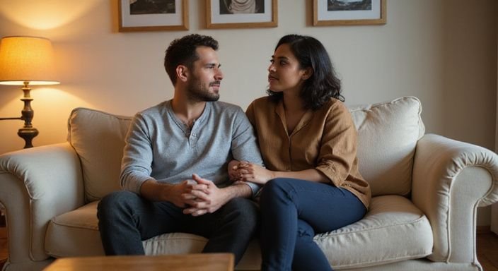 Een man en vrouw zitten op een comfortabele bank en converseren. Een man en vrouw zitten op een comfortabele bank en converseren