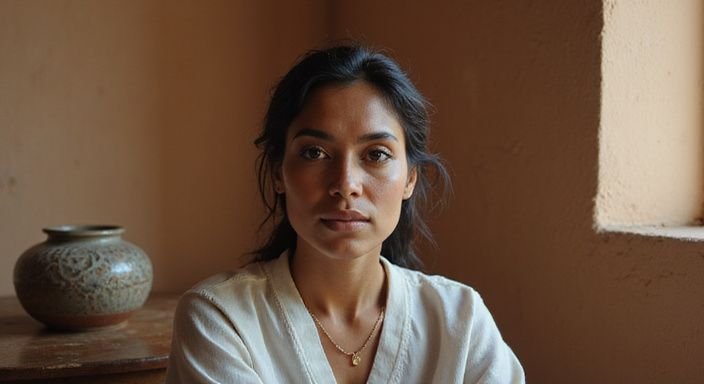 Een vrouw in een eenvoudige, rustige omgeving met een contemplatieve uitstraling. Een vrouw in een eenvoudige, rustige omgeving met een contemplatieve uitstraling