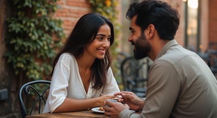 Een jong stel geniet van een intiem gesprek in een café. Een jong stel geniet van een intiem gesprek in een café