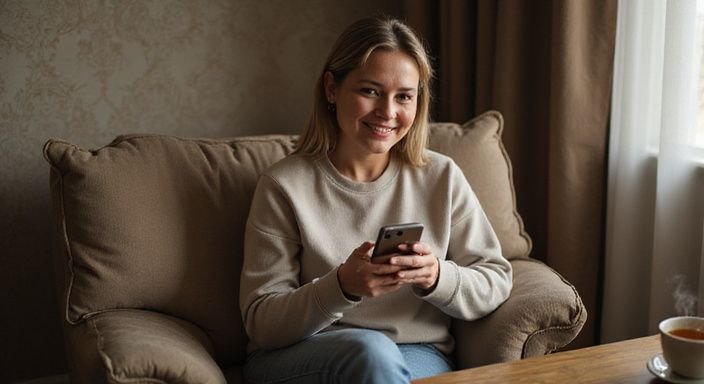 Vrouw in comfortabele stoel, glimlachend met smartphone en kopje thee. Vrouw in comfortabele stoel, glimlachend met smartphone en kopje thee