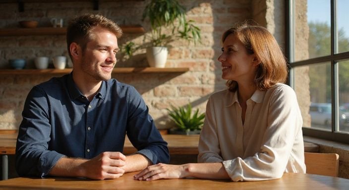Een jonge man en een vrouw in een intieme cafésetting. Een jonge man en een vrouw in een intieme cafésetting