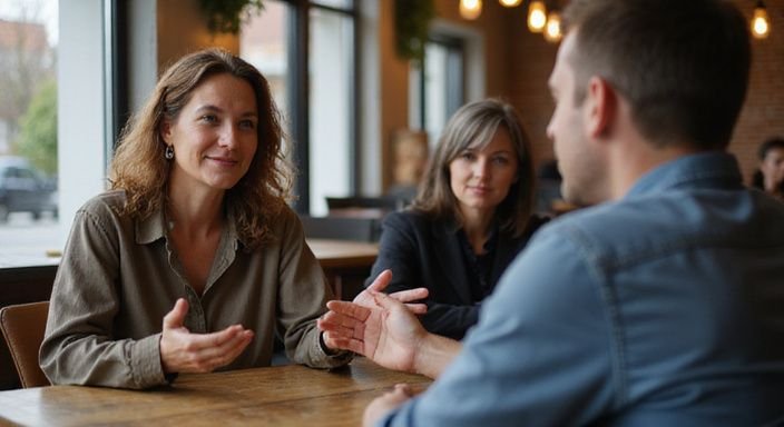 Een vrouw in een café heeft een levendig gesprek met een man. Een vrouw in een café heeft een levendig gesprek met een man