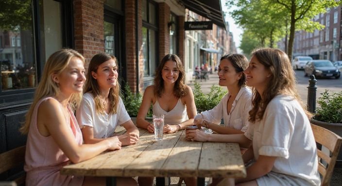 Vijf vrouwen genieten van een ontspannen gesprek aan een café tafel. Vijf vrouwen genieten van een ontspannen gesprek aan een café tafel