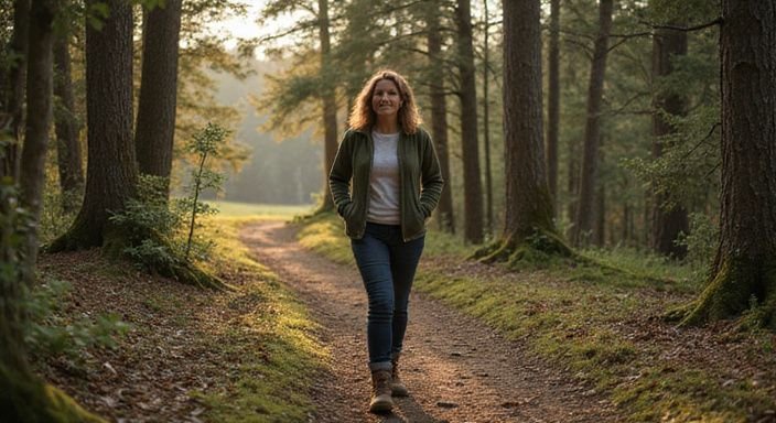 Een vrouw wandelt ontspannen over een onverharde paden in het bos. Een vrouw wandelt ontspannen over een onverharde paden in het bos