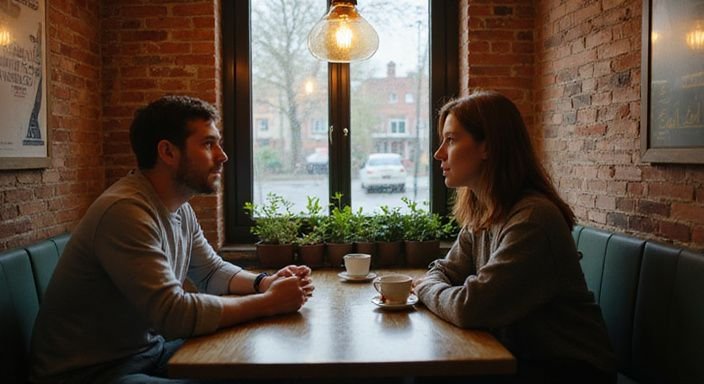 Twee volwassenen zitten aan een tafel in een gezellig café. Twee volwassenen zitten aan een tafel in een gezellig café