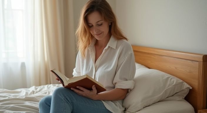 Een vrouw in de vijftig leest ontspannen op een bed. Een vrouw in de vijftig leest ontspannen op een bed