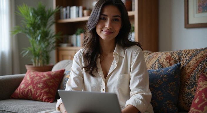 Een jonge vrouw glimlacht terwijl ze op een bank met een laptop zit. Een jonge vrouw glimlacht terwijl ze op een bank met een laptop zit