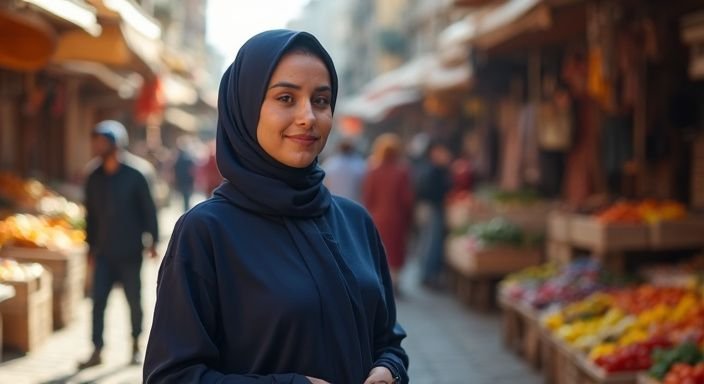 Een vrouw in een markt met een navyblauwe hijab, in gesprek. Een vrouw in een markt met een navyblauwe hijab, in gesprek