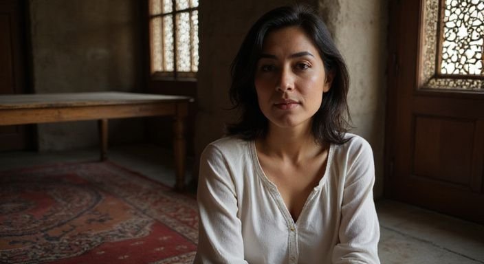 Een vrouw in een prachtig versierde kamer, rustig en introspectief. Een vrouw in een prachtig versierde kamer, rustig en introspectief