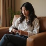 Een jonge vrouw zit ontspannen met een smartphone in haar handen